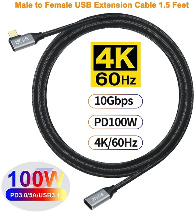 Alt view image 2 of 7 - DCHAV 1.5ft 100W USB C to USB C Cable Male Female 10Gbps Data Transfer 4K Video Output Fast Charging 90 Degree Type C to Type C Monitor Cord 3.1 PD 20V 5A Nylon Braided for Phone Tablet Laptop