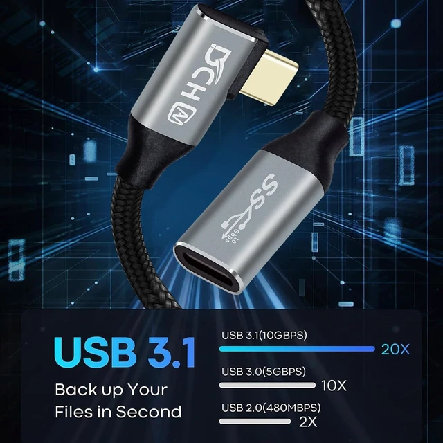 Alt view image 4 of 7 - DCHAV 3ft 100W USB C to USB C Cable Male to Female 4K Video Output 10Gbps Data Transfer 3.1 Gen 2 PD 20V 5A Fast Charging Nylon Braided 90 Degree Type C Monitor Cord for Laptop Phone Tablet