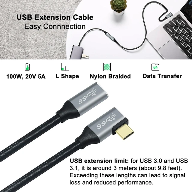 Alt view image 6 of 7 - DCHAV 3ft 100W USB C to USB C Cable Male to Female 4K Video Output 10Gbps Data Transfer 3.1 Gen 2 PD 20V 5A Fast Charging Nylon Braided 90 Degree Type C Monitor Cord for Laptop Phone Tablet