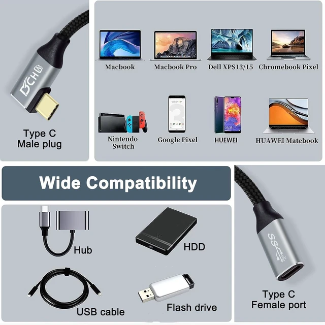 Alt view image 7 of 7 - DCHAV 3ft 100W USB C to USB C Cable Male to Female 4K Video Output 10Gbps Data Transfer 3.1 Gen 2 PD 20V 5A Fast Charging Nylon Braided 90 Degree Type C Monitor Cord for Laptop Phone Tablet
