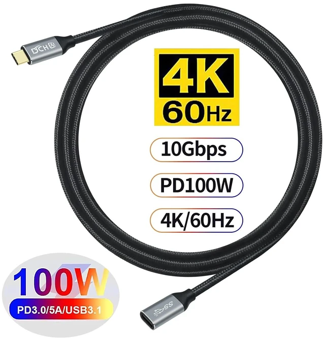 Alt view image 2 of 7 - DCHAV 6ft 100W USB C to USB C Cable 4K Video Output 10Gbps Data Transfer 3.1 Gen 2 PD 20V 5A Fast Charging Male to Female Type C to Type C Monitor Cord Nylon Braided for Laptop Phone Tablet