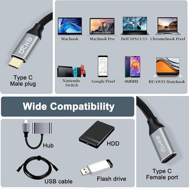 Alt view image 7 of 7 - DCHAV 6ft 100W USB C to USB C Cable 4K Video Output 10Gbps Data Transfer 3.1 Gen 2 PD 20V 5A Fast Charging Male to Female Type C to Type C Monitor Cord Nylon Braided for Laptop Phone Tablet