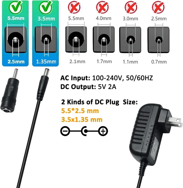 Alt view image 2 of 7 - DCHAV 5V 2A Power Supply AC to DC Adapter 100-240V 50-60Hz Power Cord 5.5mm x 2.5mm 3.5mm x 1.35mm Plug Wall Charger Replacement 4ft 10W Output 5 Volt 2 Amp for Camera LED Strip Light Speaker