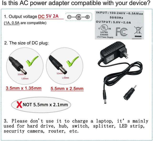 Alt view image 7 of 7 - DCHAV 5V 2A Power Supply AC to DC Adapter 100-240V 50-60Hz Power Cord 5.5mm x 2.5mm 3.5mm x 1.35mm Plug Wall Charger Replacement 4ft 10W Output 5 Volt 2 Amp for Camera LED Strip Light Speaker