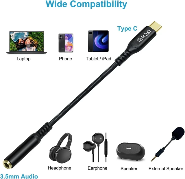 Alt view image 2 of 7 - DCHAV USB C to 3.5mm Audio Adapter USBc to 3.5 mm Headphone Jack Type C Aux Cord Braided Male to Female Dongle DAC Chip for Android Phone Tablet Laptop Speaker Headset Microphone Car Stereo, Black