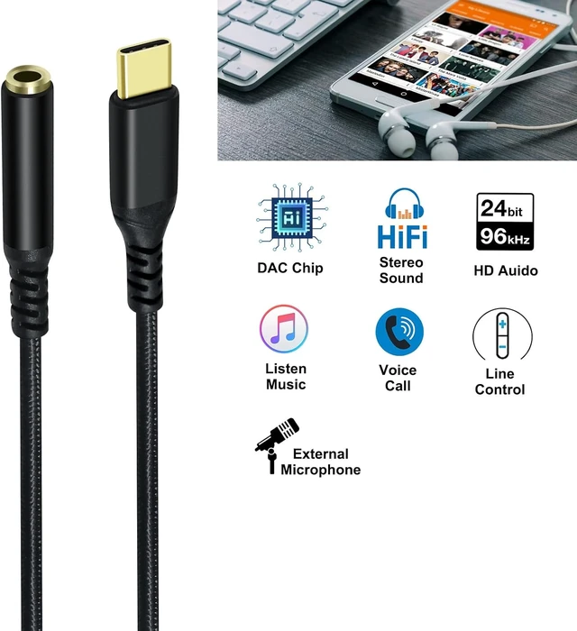Alt view image 3 of 7 - DCHAV USB C to 3.5mm Audio Adapter USBc to 3.5 mm Headphone Jack Type C Aux Cord Braided Male to Female Dongle DAC Chip for Android Phone Tablet Laptop Speaker Headset Microphone Car Stereo, Black