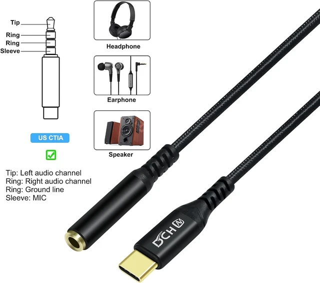 Alt view image 4 of 7 - DCHAV USB C to 3.5mm Audio Adapter USBc to 3.5 mm Headphone Jack Type C Aux Cord Braided Male to Female Dongle DAC Chip for Android Phone Tablet Laptop Speaker Headset Microphone Car Stereo, Black