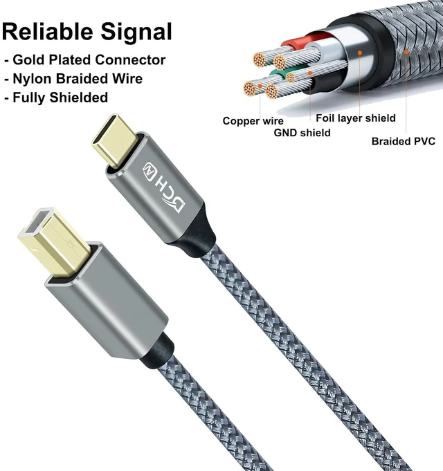 Alt view image 6 of 7 - DCHAV USB B to USB C Printer Cable to Computer Laptop 2.0 Type B Cord Replacement for DJ Controller MIDI Keyboard Piano Scanner Nylon Braided Wire, Gold-Plated Connectors, 3 Foot, Grey