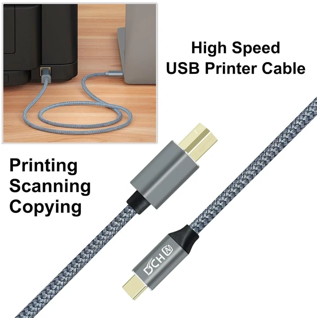 Alt view image 4 of 7 - DCHAV USB B to USB C Printer Cable to Computer Laptop 2.0 Type B Cord Replacement for DJ Controller MIDI Keyboard Piano Scanner Nylon Braided Wire, Gold-Plated Connectors, 3 Foot, Grey