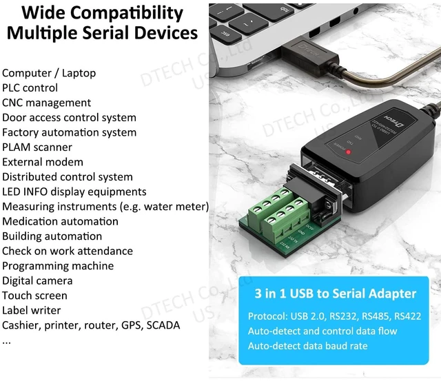 Alt view image 3 of 7 - DTECH USB to Serial Adapter RS485 RS422 R232 (3 in 1 Interface) Supports DC 5V with Breakout Board LED Lights for Multi-Kind Control Devices Windows 11 10 8 7 XP Mac (5ft)