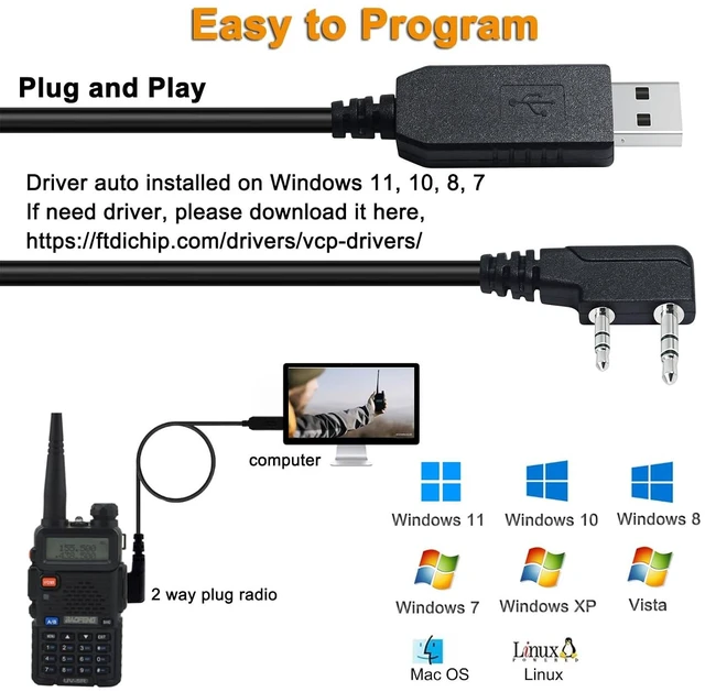 Alt view image 3 of 6 - DTECH USB Programming Cable with FTDI Chip for BaoFeng UV-5R BF-F8H-P UV-82H-P UV-82 BF-888S H777 TH Series K1 Kenwood 2 Pin Connector Two Way Ham Radio Cord 3ft
