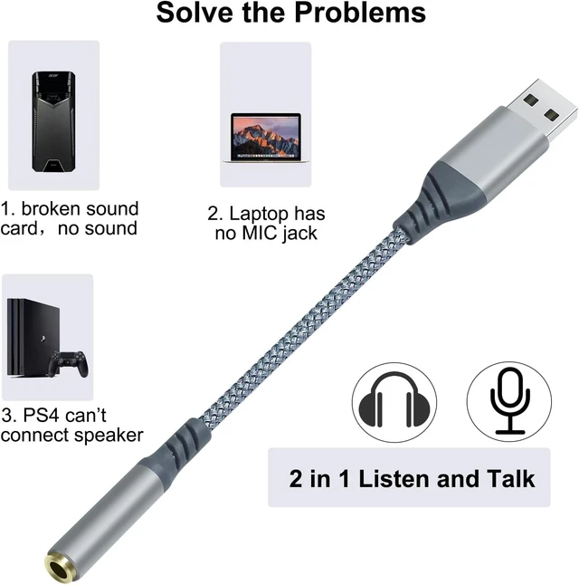 Alt view image 2 of 7 - DCHAV USB to 3.5mm Audio Adapter Microphone Headphone Jack External Sound Card AUX USB Type A to 3.5 mm Cable 4 Pole TRRS Female Interface Line Control for PC Laptop Desktop Speaker Headset, Grey