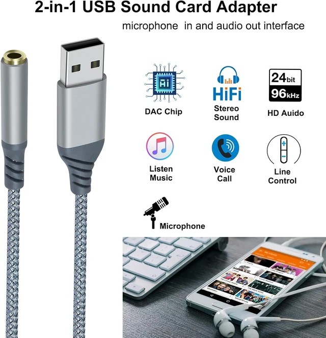 Alt view image 4 of 7 - DCHAV USB to 3.5mm Audio Adapter Microphone Headphone Jack External Sound Card AUX USB Type A to 3.5 mm Cable 4 Pole TRRS Female Interface Line Control for PC Laptop Desktop Speaker Headset, Grey
