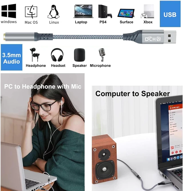 Alt view image 3 of 7 - DCHAV USB to 3.5mm Audio Adapter Microphone Headphone Jack External Sound Card AUX USB Type A to 3.5 mm Cable 4 Pole TRRS Female Interface Line Control for PC Laptop Desktop Speaker Headset, Grey