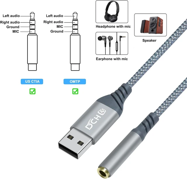 Alt view image 5 of 7 - DCHAV USB to 3.5mm Audio Adapter Microphone Headphone Jack External Sound Card AUX USB Type A to 3.5 mm Cable 4 Pole TRRS Female Interface Line Control for PC Laptop Desktop Speaker Headset, Grey
