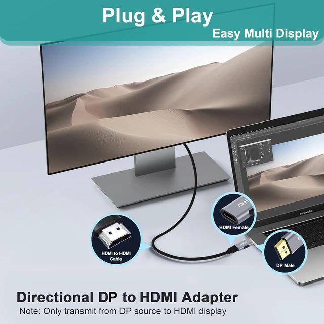 Alt view image 7 of 7 - DCHAV HDMI to Displayport Adapter 4K 60hz Unidirectional Display Port to HDMI Converter Male to Female Video Dongle for TV Projector Tablet Monitor to Laptop PC Desktop Computer DP Source
