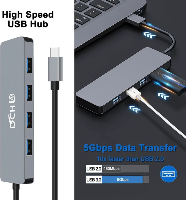 Alt view image 3 of 6 - USB C Hub 3.0, DCHAV 4-Port USB Splitter Data USBc Hub Multiport Adapter for Laptop PC Desktop Computer Notebook Printer HDD Keyboard and Mouse Compatible with Windows Mac Linux Chrome
