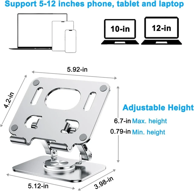Alt view image 3 of 7 - DCHAV Foldable Adjustable Drawing Tablet Stand for Desk iPad Holder Laptop Computer Riser 360 Rotating Ergonomic Aluminum Raised Table for Portable Monitor Phone 5-12 Inch Notebook, Silver