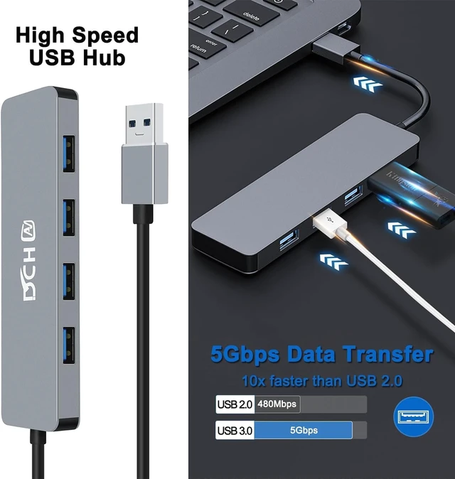 Alt view image 3 of 7 - DCHAV USB Hub 4 Port, Multiport USB 3.0 Hub for Laptop PC, Multiple USB Splitter 1 in 4 Out Expander for Keyboard, Mouse, Flash Drive, Printer Compatible with usba Desktop Computer, Gaming Console