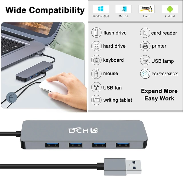 Alt view image 7 of 7 - DCHAV USB Hub 4 Port, Multiport USB 3.0 Hub for Laptop PC, Multiple USB Splitter 1 in 4 Out Expander for Keyboard, Mouse, Flash Drive, Printer Compatible with usba Desktop Computer, Gaming Console