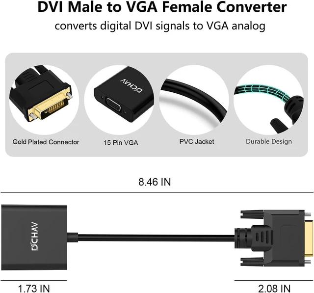 Alt view image 6 of 7 - DCHAV DVI to VGA Adapter Cable DVI-D Male to Female Converter 24+1 Port for Computer Monitor Projector TV Old Video Card (Digital to Analog Directional Connection)