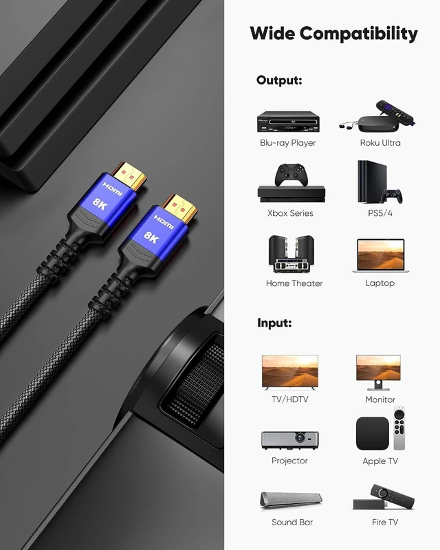 Alt view image 6 of 7 - 8K HDMI 2.1 Cable 2-Pack 6.6FT/2M, 48Gbps Ultra High Speed-Blue
