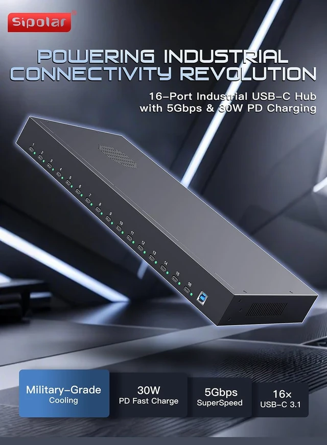 Alt view image 2 of 7 - 16-Port USB-C USB3.0 Hub-600W PD30W Full Metal for Smartphone Tablet-Rackmount