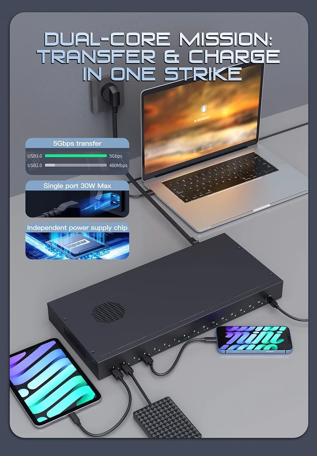 Alt view image 4 of 7 - 16-Port USB-C USB3.0 Hub-600W PD30W Full Metal for Smartphone Tablet-Rackmount