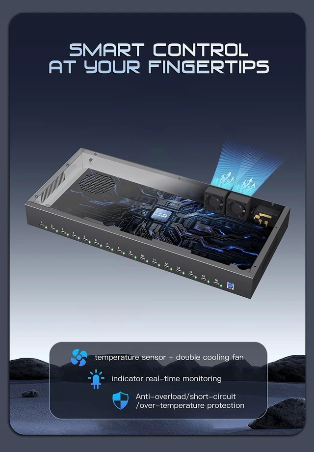 Alt view image 5 of 7 - 16-Port USB-C USB3.0 Hub-600W PD30W Full Metal for Smartphone Tablet-Rackmount