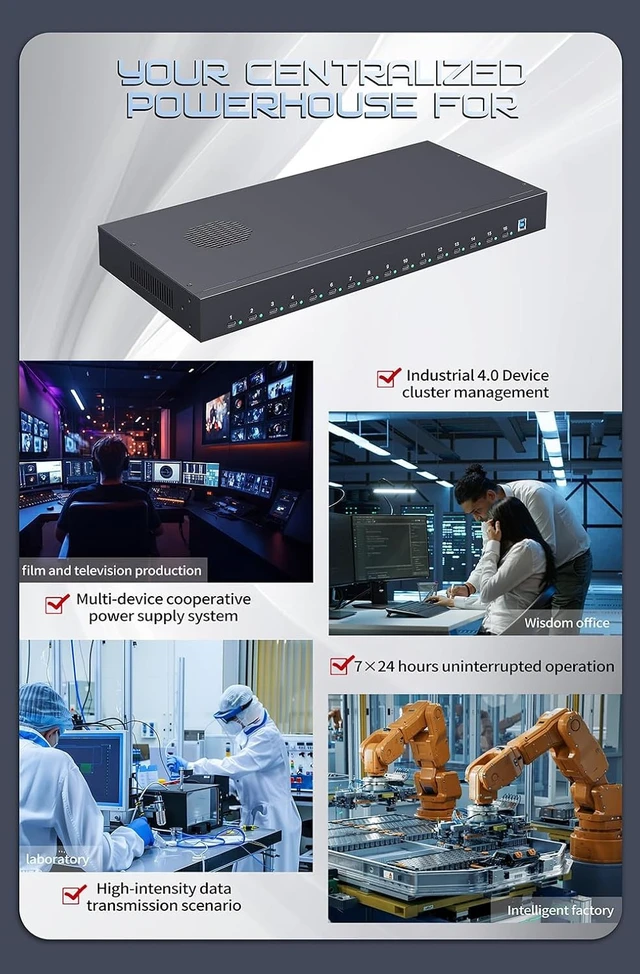 Alt view image 7 of 7 - 16-Port USB-C USB3.0 Hub-600W PD30W Full Metal for Smartphone Tablet-Rackmount