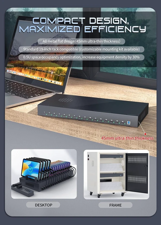 Alt view image 6 of 7 - 16-Port USB-C USB3.0 Hub-600W PD30W Full Metal for Smartphone Tablet-Rackmount
