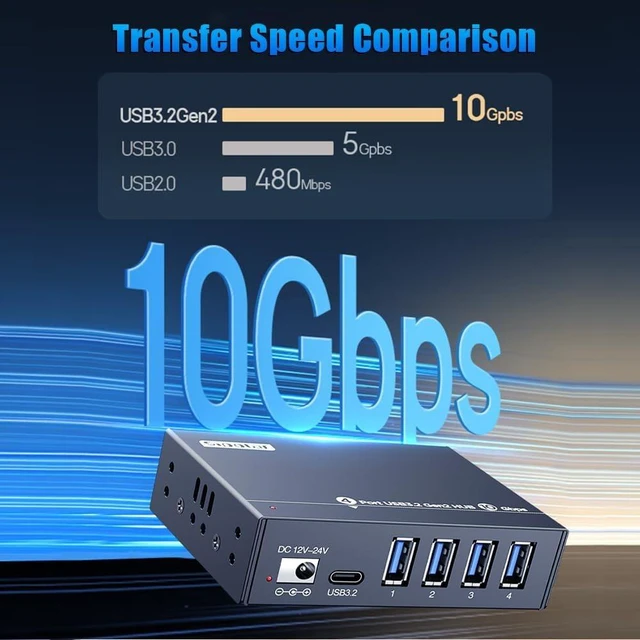 Alt view image 4 of 7 - 4-Port USB 3.2 Gen2 Hub, 10Gbps Transfer Speed, Driver-Free, Compatible with Windows/MacOS/Linux