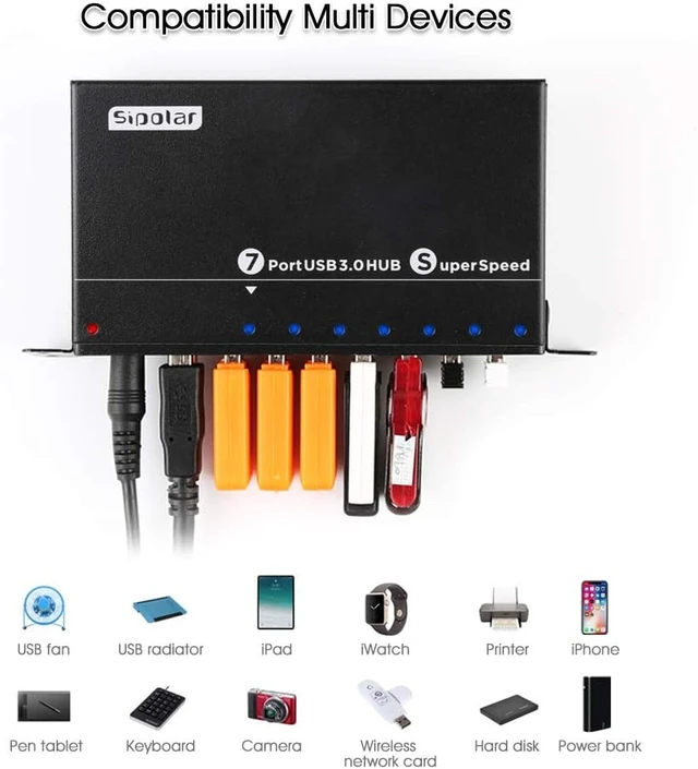 Alt view image 4 of 7 - 7 Port USB 3.0 hub - 36W Powered USB HUB with BC 1.2 Charging Ports for ATM