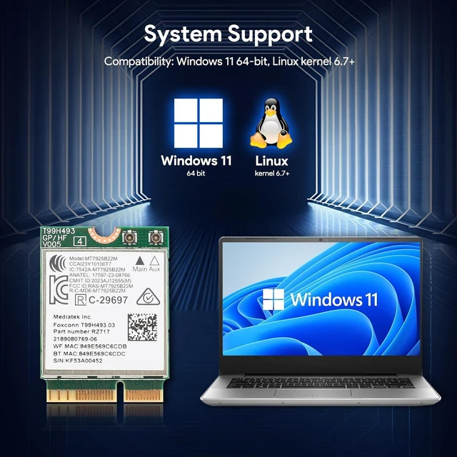 Alt view image 2 of 7 - WiFi 7 M.2 Wireless Card BE6500 for AMD/Intel Windows 11 (64-Bit) | Bluetooth 5.4 Card Tri-Band 6G/5G/2.4Ghz OFDMA 802.11be Wi-Fi 7 Network Card for Laptop PC, Also Support Linux Kernel 6.7+