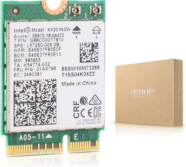 Main image of Intel AX201NGW Wi-Fi 6 Wireless Card M.2 Bluetooth 5.2 2400Mbps | 2.4 GHz 5 GHz Network Adapter for Laptop Support Windows 10/11 (64bit) Linux Chrome OS Only Available with Gen Intel 10+ CPU