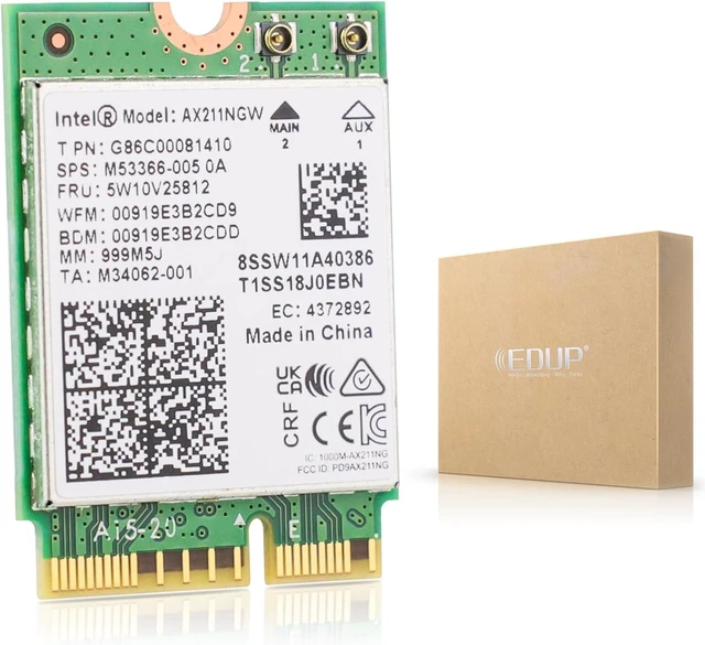 Main image of AX211NGW Wi-Fi 6 Wireless Card M.2 Bluetooth 5.3 Tri-Band | 2.4G/5G/6 GHz Network Adapter for Laptop Support Windows 10/11 (64bit) Linux Chrome OS Only Available with Gen 12+ CPU