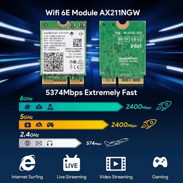 Alt view image 2 of 7 - AX211NGW Wi-Fi 6 Wireless Card M.2 Bluetooth 5.3 Tri-Band | 2.4G/5G/6 GHz Network Adapter for Laptop Support Windows 10/11 (64bit) Linux Chrome OS Only Available with Gen 12+ CPU