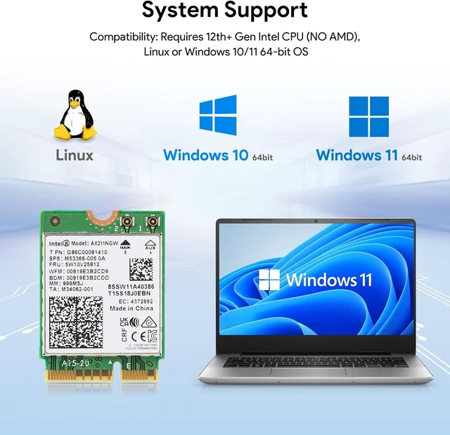 Alt view image 5 of 7 - AX211NGW Wi-Fi 6 Wireless Card M.2 Bluetooth 5.3 Tri-Band | 2.4G/5G/6 GHz Network Adapter for Laptop Support Windows 10/11 (64bit) Linux Chrome OS Only Available with Gen 12+ CPU