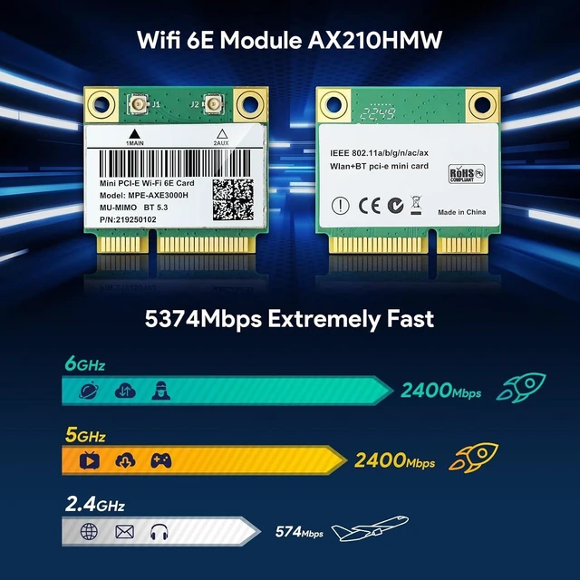 Alt view image 2 of 7 - Intel AX210HMW WiFi Card, Wi-Fi 6E Wireless Card Mini PCIE Interface | Tri-Band Wireless Module for laptop, 802.11AX WiFi Adapter with Bluetooth 5.3, MU-MIMO, Support Windows 11/10 (64bit)/Linux