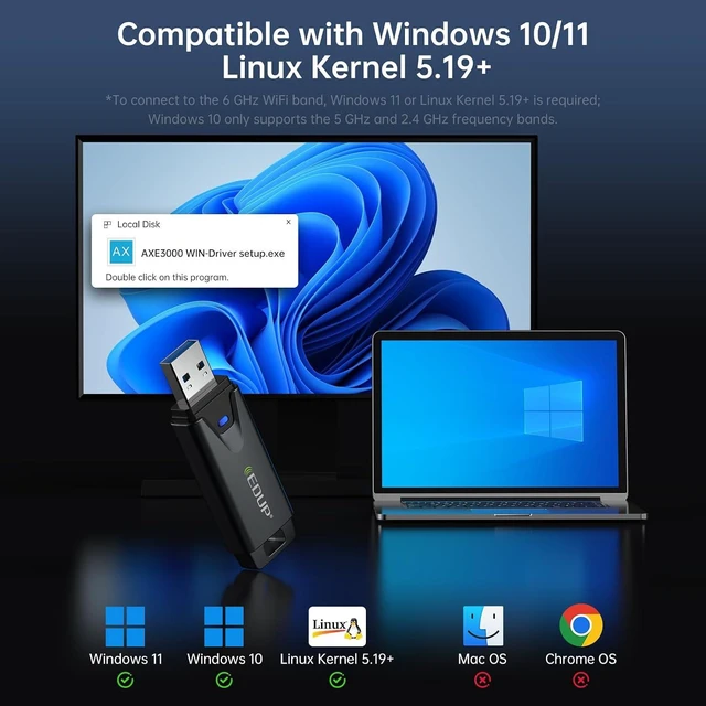Alt view image 2 of 7 - Mini USB 3.0 WiFi 6E Adapter for PC, AX3000Mbps, 802.11ax | Tri-Band 6GHz/5GHz/2.4GHz, USB Wi-Fi Dongle Wireless Network Card, Support Windows 11/10 ( Install Driver ) (Black)