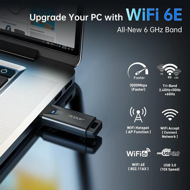 Alt view image 4 of 7 - Mini USB 3.0 WiFi 6E Adapter for PC, AX3000Mbps, 802.11ax | Tri-Band 6GHz/5GHz/2.4GHz, USB Wi-Fi Dongle Wireless Network Card, Support Windows 11/10 ( Install Driver ) (Black)