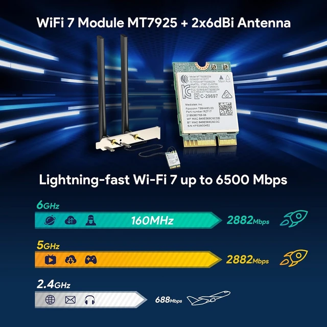 Alt view image 3 of 7 - WiFi 7 Card BE6500 M.2 2230 Wi-Fi 7 Wireless Network Card for Desktop | Bluetooth 5.4 Tri-Band 6G/5G/2.4Ghz OFDMA 802.11be, Compatible with Intel/ AMD Windows 11 (64-Bit) and Linux Kernel 6.7+