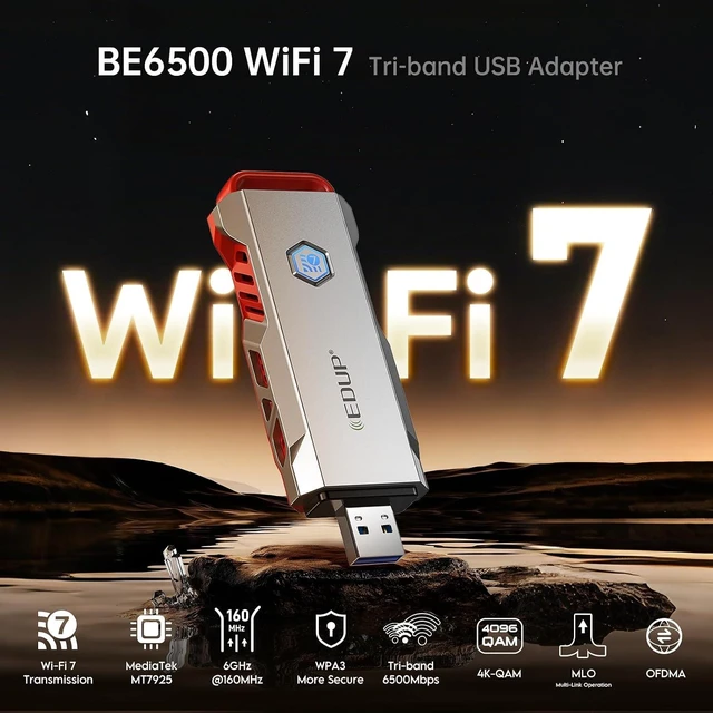 Alt view image 3 of 7 - USB WiFi 7 Adapter for PC, USB 3.0 Wi-Fi 7 Dongle BE6500Mbps | Tri-Band 6GHz/5GHz/2.4GHz Wireless Network Adapter, WiFi 7 Network Card, Compatible with Windows 11 & Linux Kernel 6.7+
