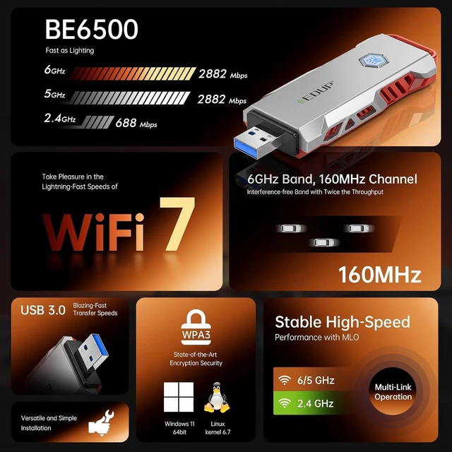 Alt view image 2 of 7 - USB WiFi 7 Adapter for PC, USB 3.0 Wi-Fi 7 Dongle BE6500Mbps | Tri-Band 6GHz/5GHz/2.4GHz Wireless Network Adapter, WiFi 7 Network Card, Compatible with Windows 11 & Linux Kernel 6.7+