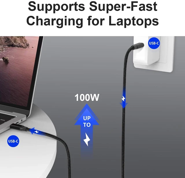 Alt view image 2 of 7 - USB C to USB C Cable, 3.2 USB-C Cable 1.65ft, 100W, 4K UHD, 20Gbps | 100W PD Fast Charging Cable , 4K UHD, 20 Gbps Data Transfer, Nylon Braided Cable for MacBook Pro, for iPad, Black