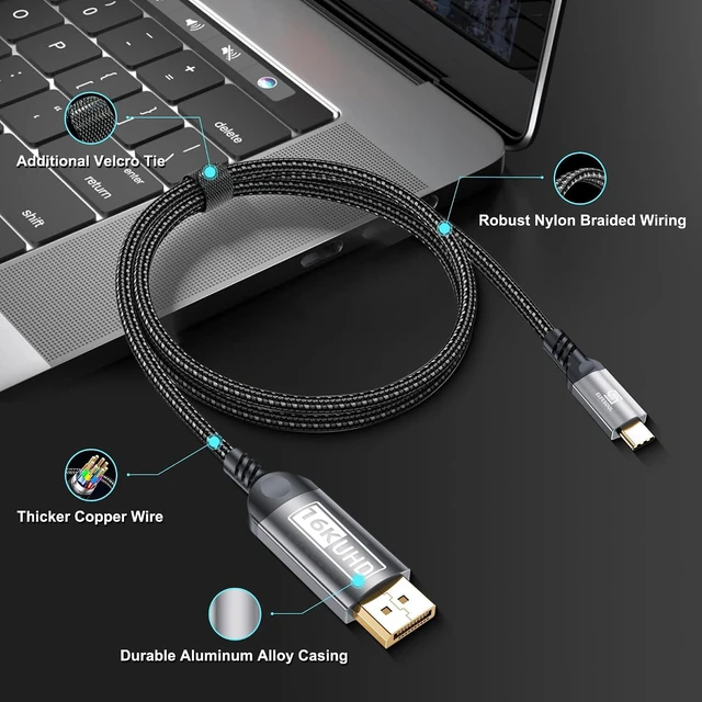Alt view image 7 of 7 - USB-C to DisplayPort Cable 3.3ft (16K@60Hz 8K@120Hz), 80Gbps USB C to DP 2.1 Cord Thunderbolt 3/4/5 Compatible with MacBook Pro/Air, for iPhone 17 Pro Max, for iPad Pro, for iMac, for XPS.