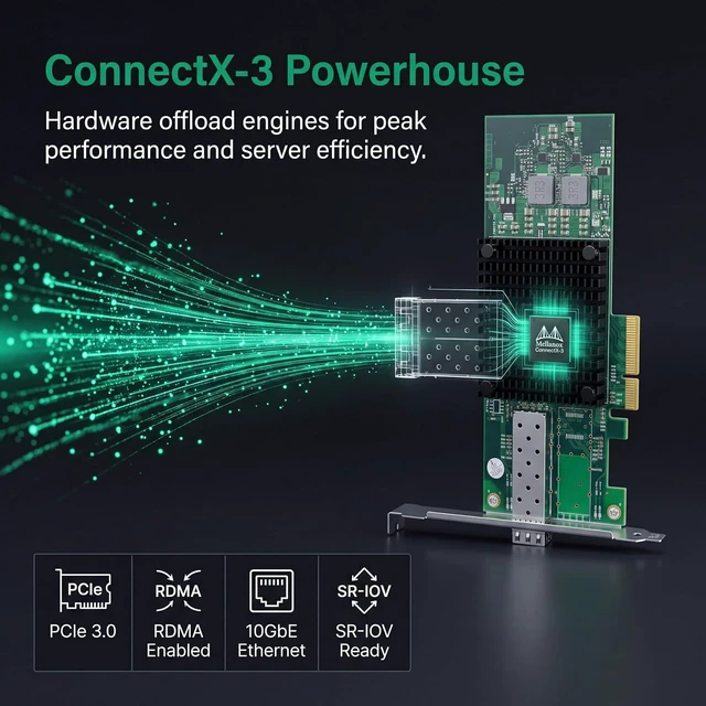 Alt view image 3 of 7 - 10Gb SFP+ PCI-e 3.0 Network Card, with Mellanox ConnectX-3 Controller, 10Gbps Ethernet Adapter, 10Gbe 10G NIC Card, Support Windows/Windows Server/VMware/Remote Wake-UP/PXE/UEFI