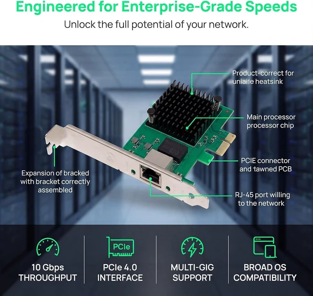 Alt view image 2 of 7 - 10Gbps PCIe Network Card with RTL8127AT Chip Multi-Giga-bit Ethernet Adapter (10G/5G/2.5G/1G/100Mbps) PCIe 4.0 X1 NIC, RJ45 LAN Controller with PXE Boot, Low Profile Bracket for Windows/Linux
