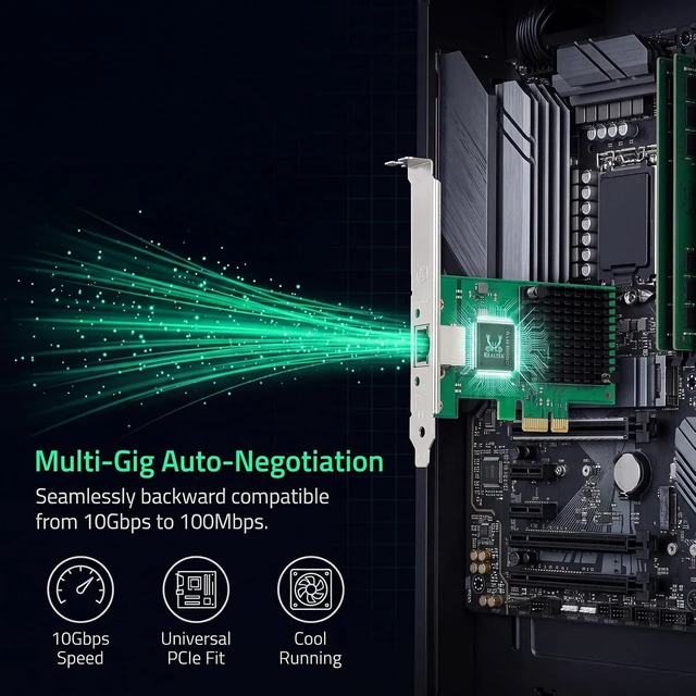 Alt view image 4 of 7 - 10Gbps PCIe Network Card with RTL8127AT Chip Multi-Giga-bit Ethernet Adapter (10G/5G/2.5G/1G/100Mbps) PCIe 4.0 X1 NIC, RJ45 LAN Controller with PXE Boot, Low Profile Bracket for Windows/Linux