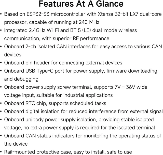 Alt view image 4 of 7 - Waveshare ESP32-S3 Control Board with 2-Ch CAN, On Board Antenna | Supports Wi-Fi / BLT, built-in power isolation and digital isolation protection circuits